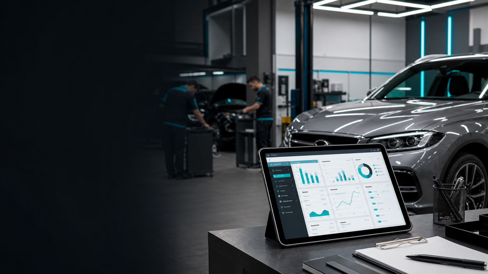 Oficina moderna usando sistema de gestão automotiva